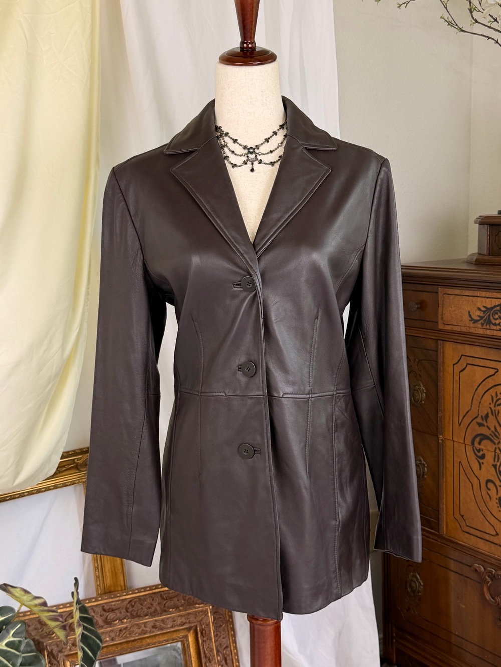 90s Vintage Lambskin Leather Worthington Dark Brown Blazer Jacket Mob Wife